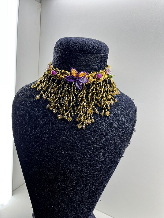 İyne oyali el işçiliği kolye sarı